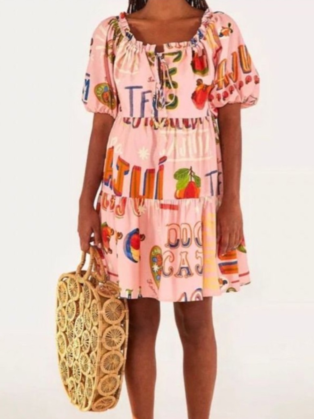 Farm Rio Puff Sleeve Juice Print Mini Dress Fruits Vegetables - Picture 11 of 11